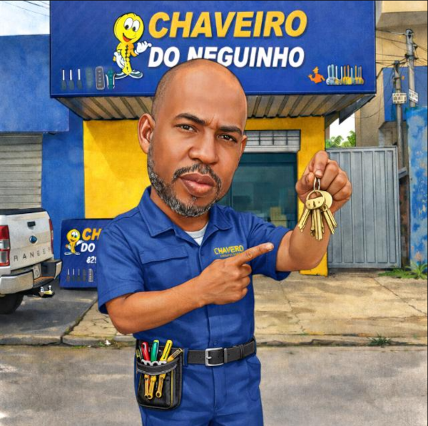 Profissional do Chaveiro do Neguinho segurando um molho de chaves, em frente à loja em Senador Canedo